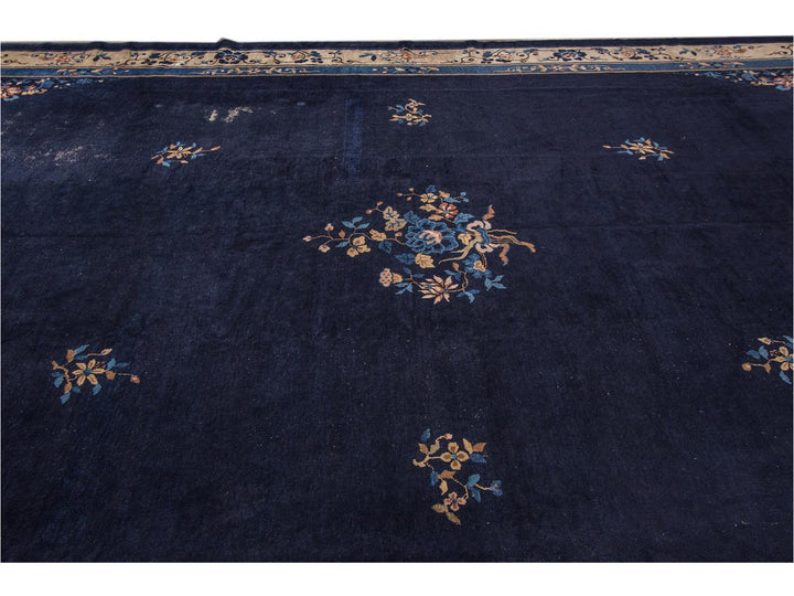 Antique Blue Chinese Art Deco Wool Rug 12 X 17